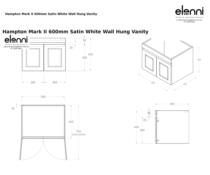 Hampton Mark II 600mm Satin White Wall Hung Vanity — specification sheet (Elenni)