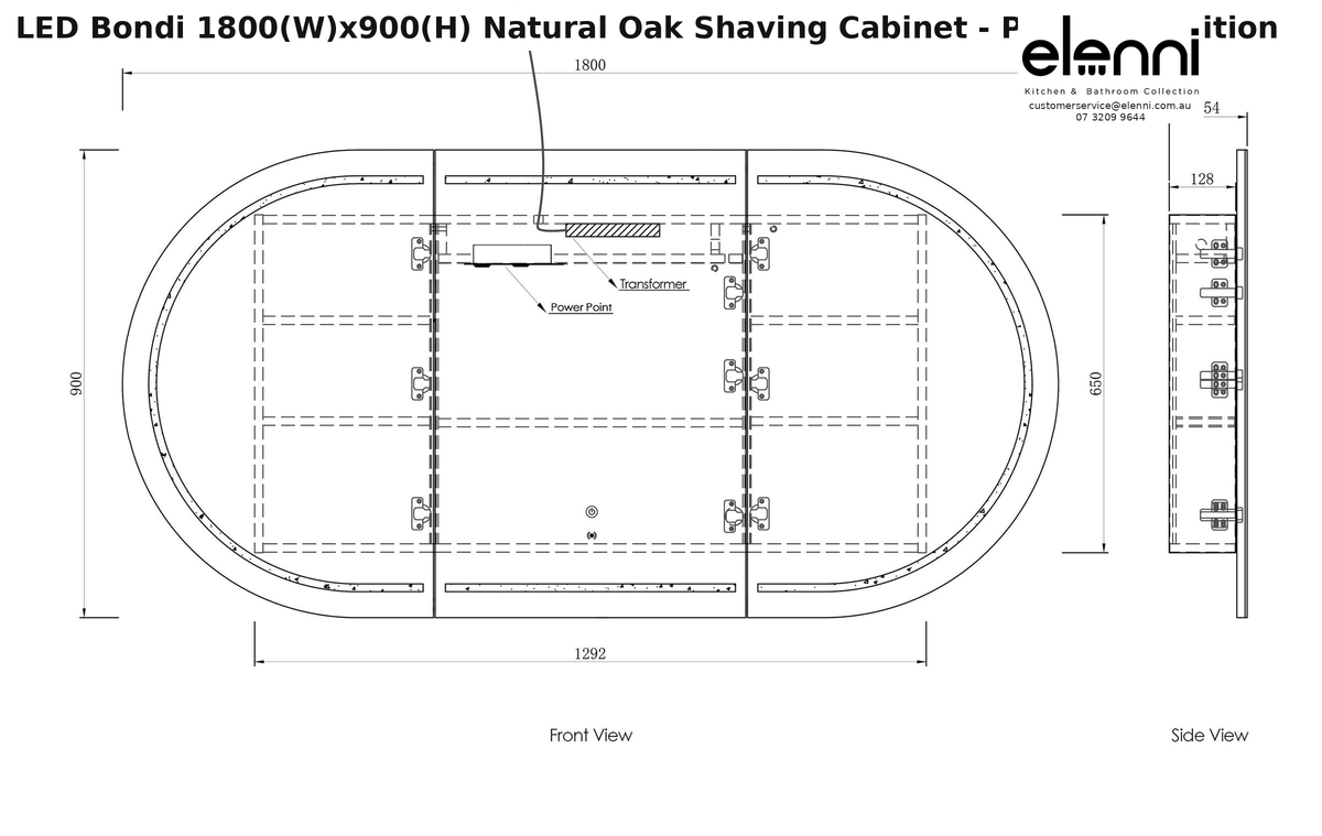 Elenni specification sheet - LED Bondi 1800(W)x900(H) Natural Oak Shaving Cabinet - Premium Edition