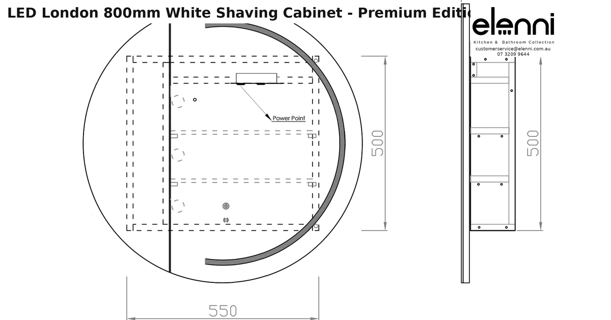 Elenni specification sheet - LED London 800mm White Shaving Cabinet - Premium Edition