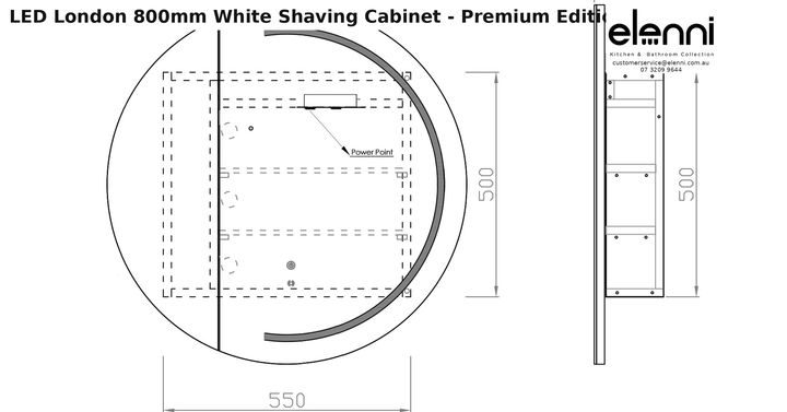 Elenni specification sheet - LED London 800mm White Shaving Cabinet - Premium Edition