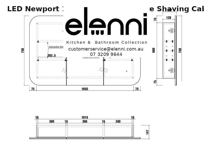 Elenni specification sheet - LED Newport 1200(W)x750(H) White Shaving Cabinet - Premium Edition