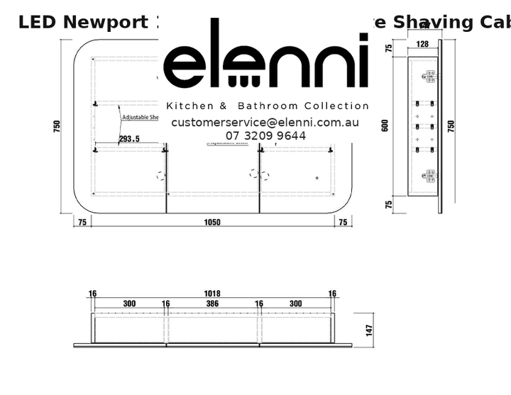 Elenni specification sheet - LED Newport 1200(W)x750(H) White Shaving Cabinet - Premium Edition