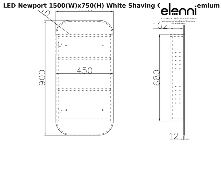 Elenni specification sheet - LED Newport 1500(W)x750(H) White Shaving Cabinet - Premium Edition