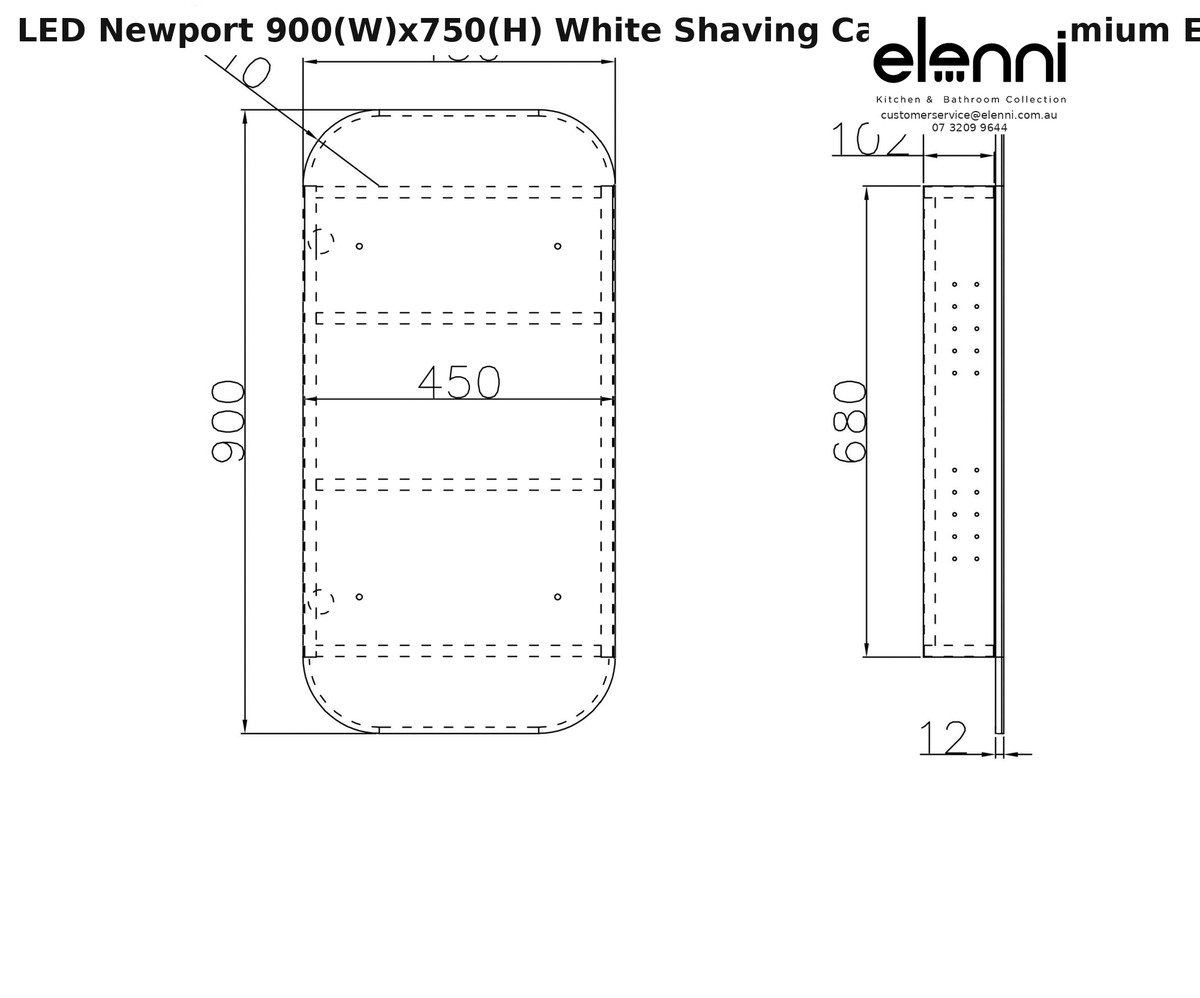Elenni specification sheet - LED Newport 900(W)x750(H) White Shaving Cabinet - Premium Edition