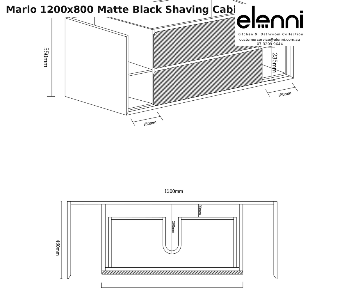 Elenni specification sheet - Marlo 1200x800 Matte Black Shaving Cabinet