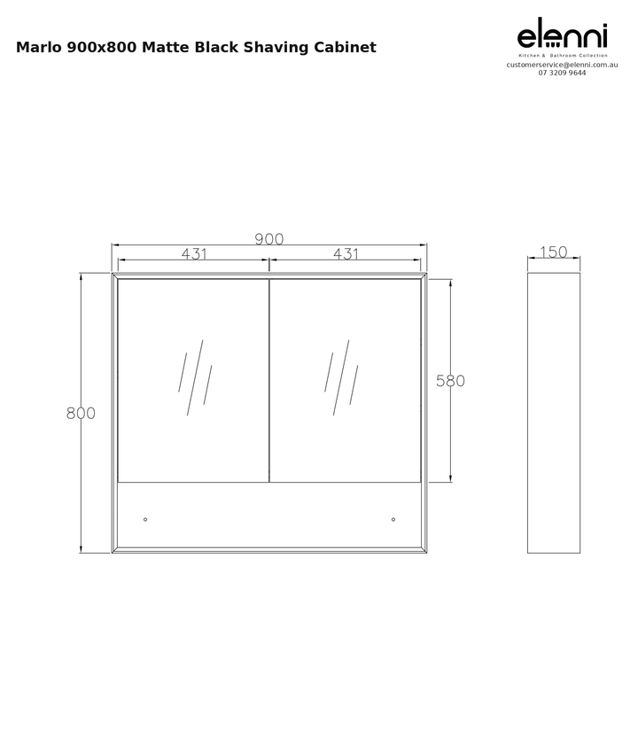 Marlo 900x800 Matte Black Shaving Cabinet — specification sheet (Elenni)