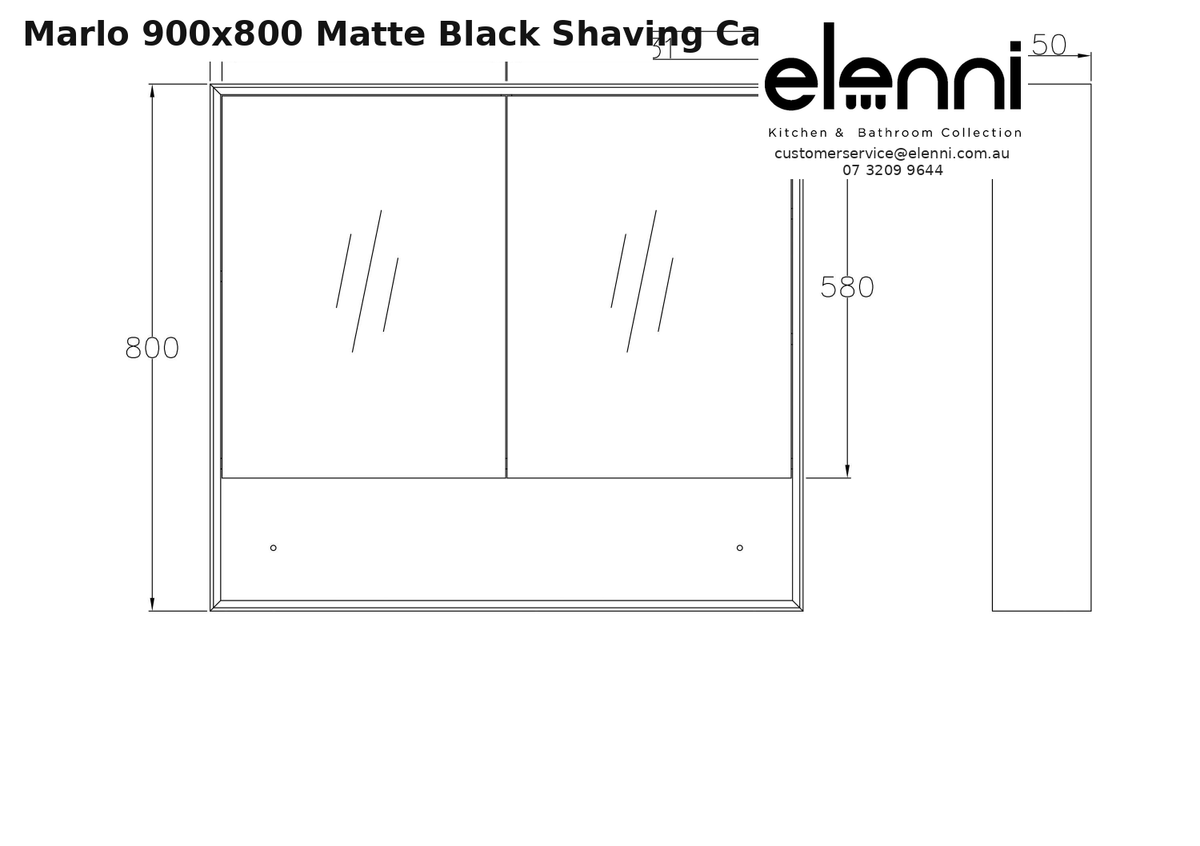 Elenni specification sheet - Marlo 900x800 Matte Black Shaving Cabinet