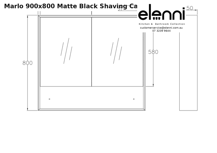 Elenni specification sheet - Marlo 900x800 Matte Black Shaving Cabinet