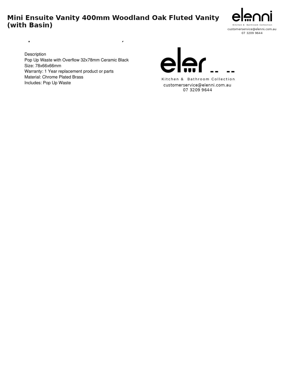 Mini Ensuite Vanity 400mm Woodland Oak Fluted Vanity (with Basin) — specification sheet (Elenni)