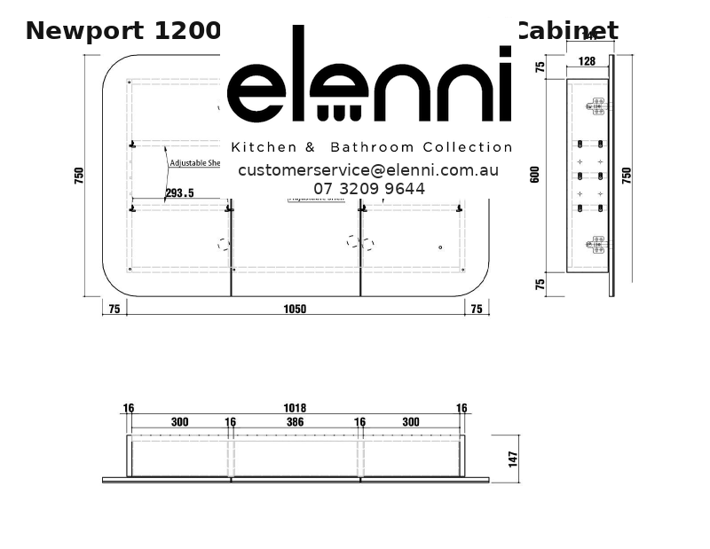 Elenni specification sheet - Newport 1200x750 White Shaving Cabinet