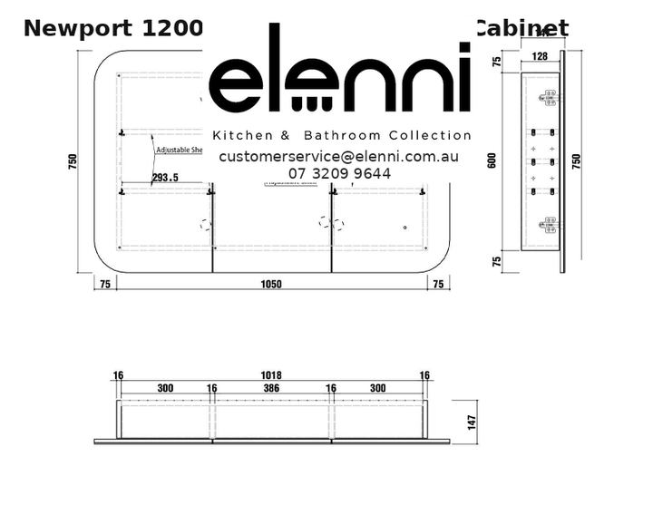Elenni specification sheet - Newport 1200x750 White Shaving Cabinet