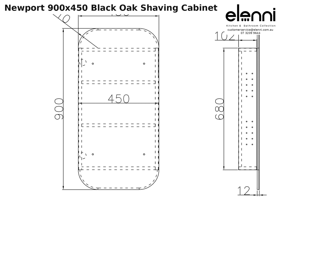 Elenni specification sheet - Newport 900x450 Black Oak Shaving Cabinet