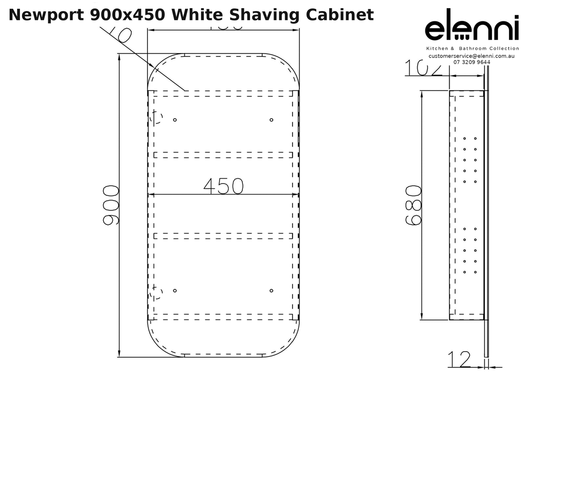 Elenni specification sheet - Newport 900x450 White Shaving Cabinet