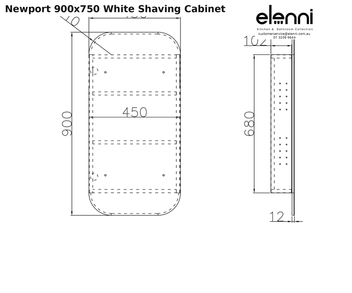 Elenni specification sheet - Newport 900x750 White Shaving Cabinet