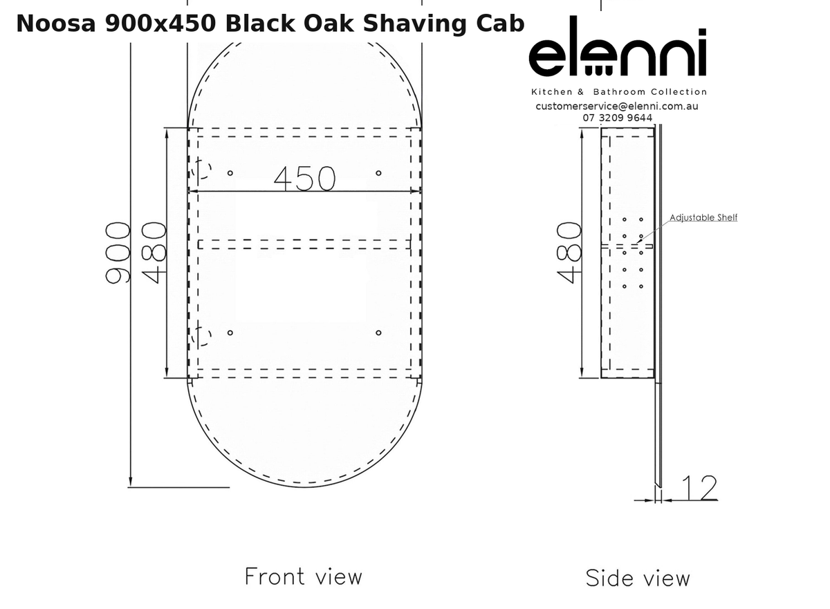 Elenni specification sheet - Noosa 900x450 Black Oak Shaving Cabinet