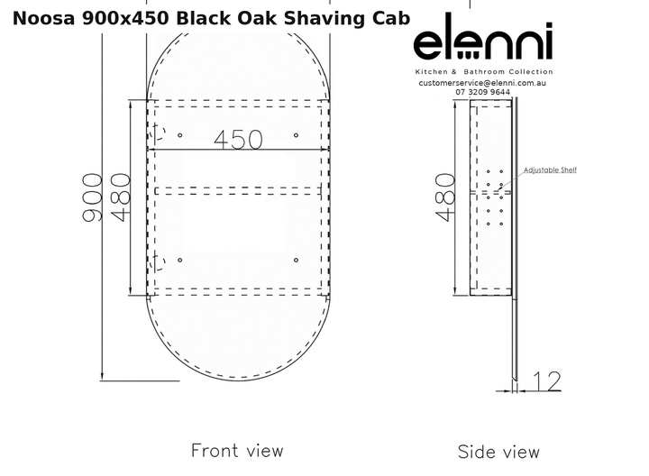 Elenni specification sheet - Noosa 900x450 Black Oak Shaving Cabinet
