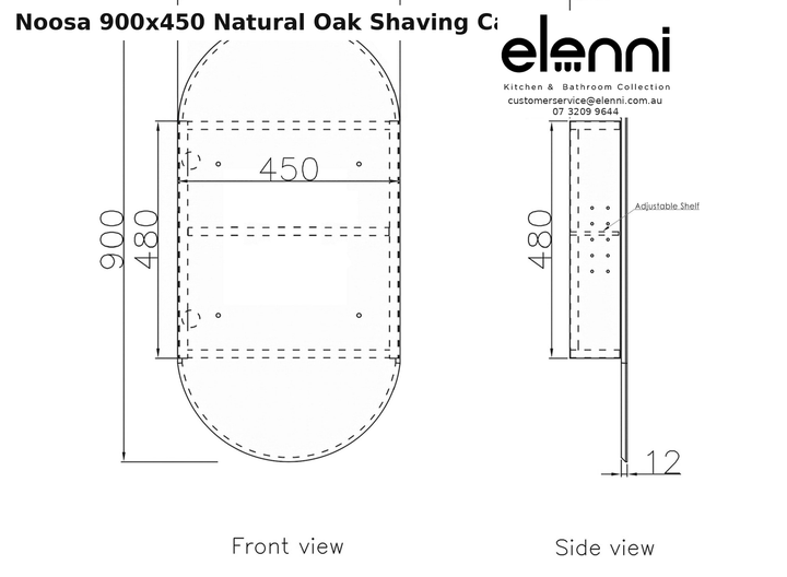 Elenni specification sheet - Noosa 900x450 Natural Oak Shaving Cabinet