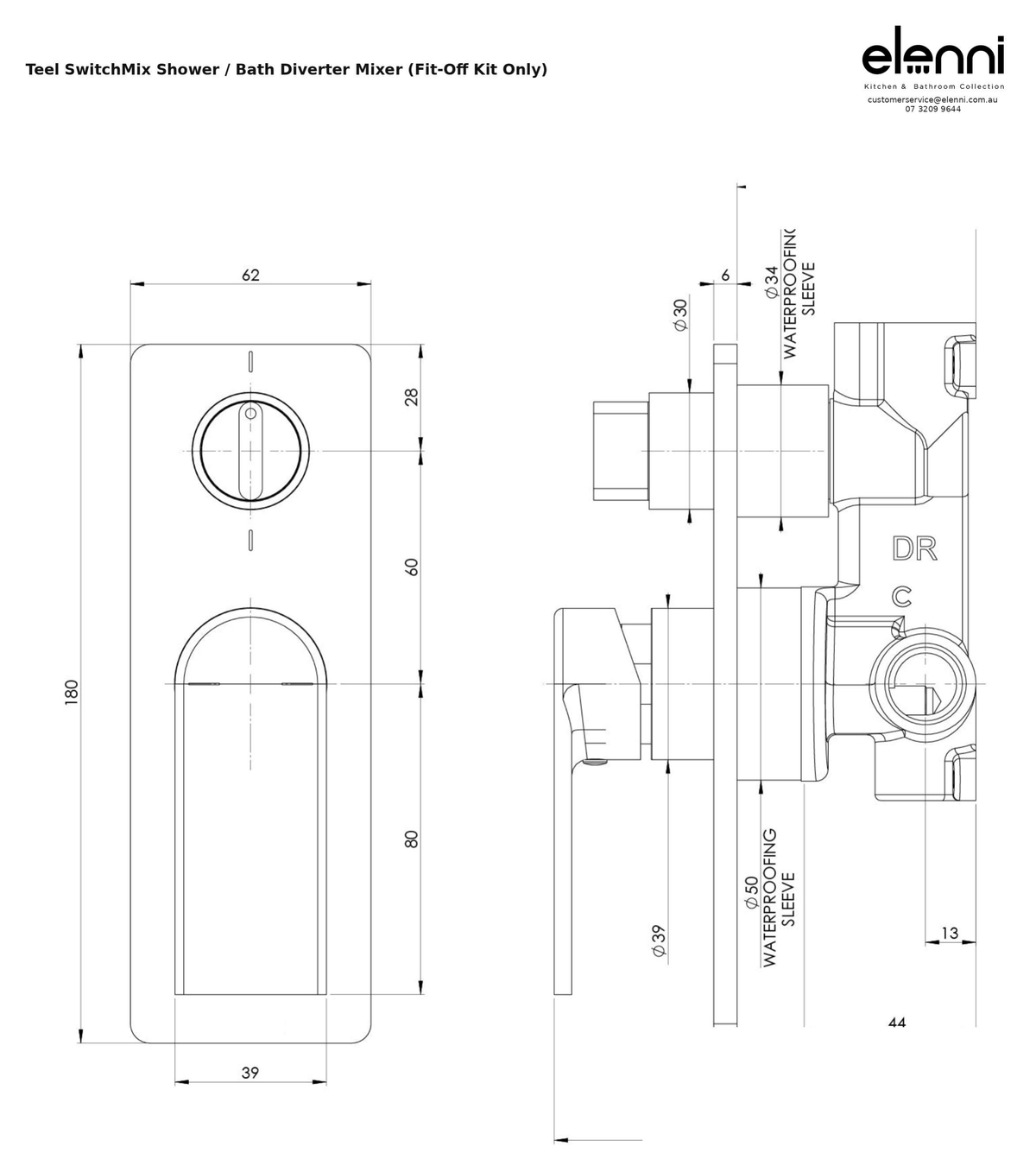 Elenni specification sheet - Teel SwitchMix Shower / Bath Diverter Mixer (Fit-Off Kit Only)
