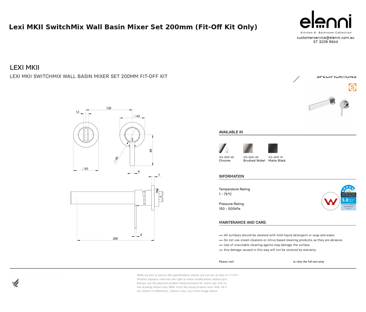 Lexi MKII SwitchMix Wall Basin Mixer Set 200mm (Fit-Off Kit Only) — specification sheet (Elenni)