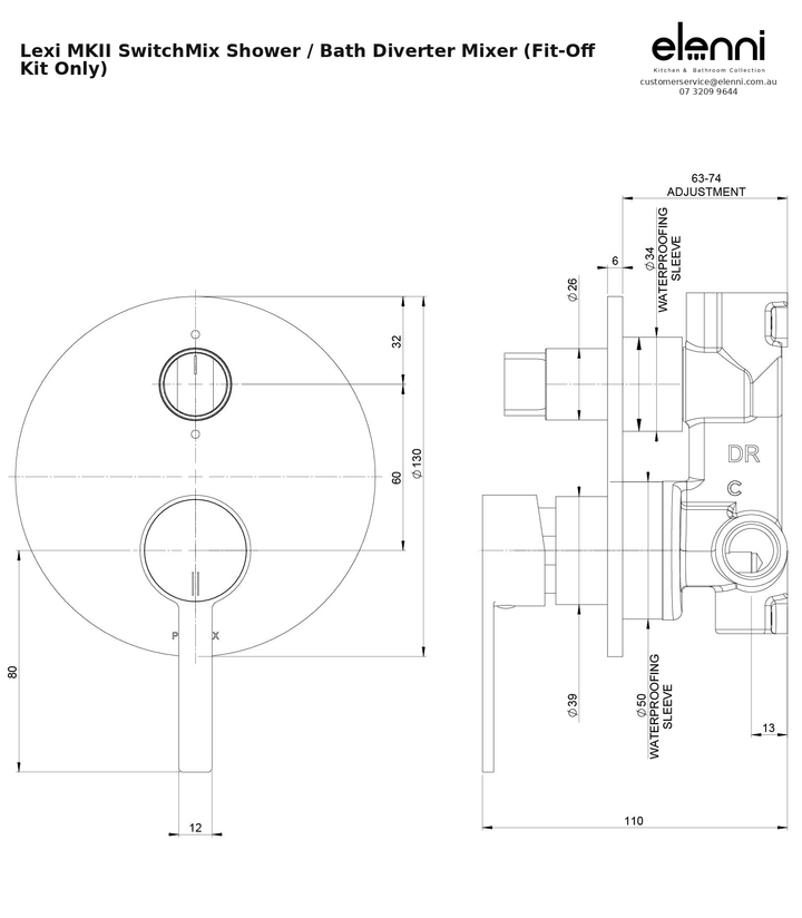 Elenni specification sheet - Lexi MKII SwitchMix Shower / Bath Diverter Mixer (Fit-Off Kit Only)