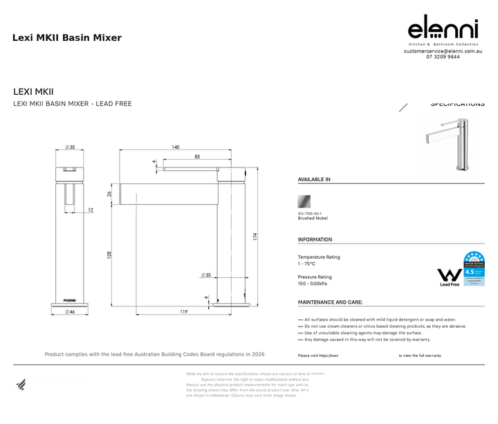Lexi MKII Basin Mixer — specification sheet (Elenni)