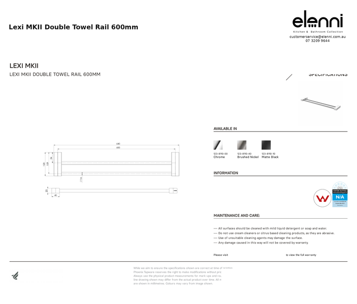 Lexi MKII Double Towel Rail 600mm — specification sheet (Elenni)