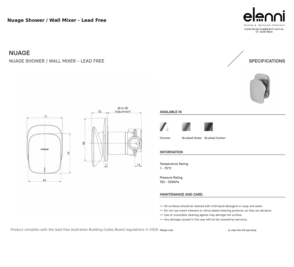 Elenni specification sheet - Nuage Shower / Wall Mixer - Lead Free