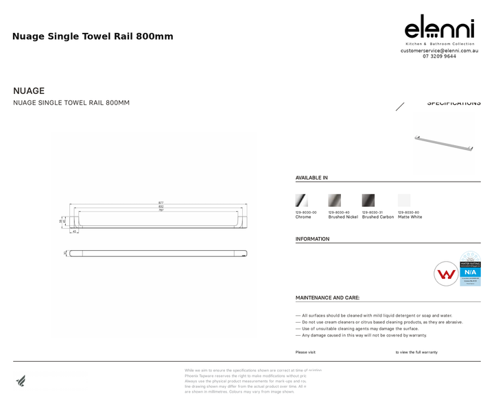 Nuage Single Towel Rail 800mm — specification sheet (Elenni)