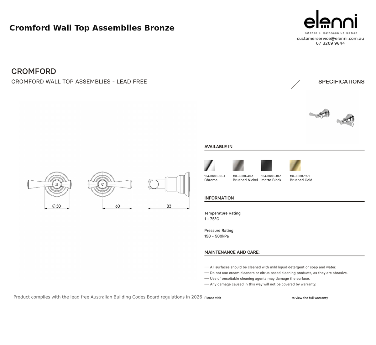 Cromford Wall Top Assemblies Bronze — specification sheet (Elenni)