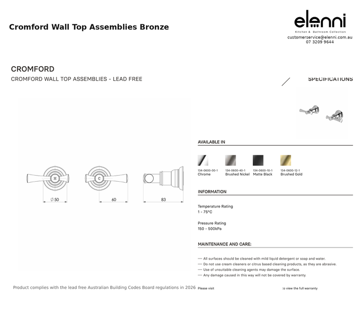 Cromford Wall Top Assemblies Bronze — specification sheet (Elenni)