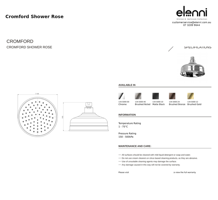 Cromford Shower Rose — specification sheet (Elenni)