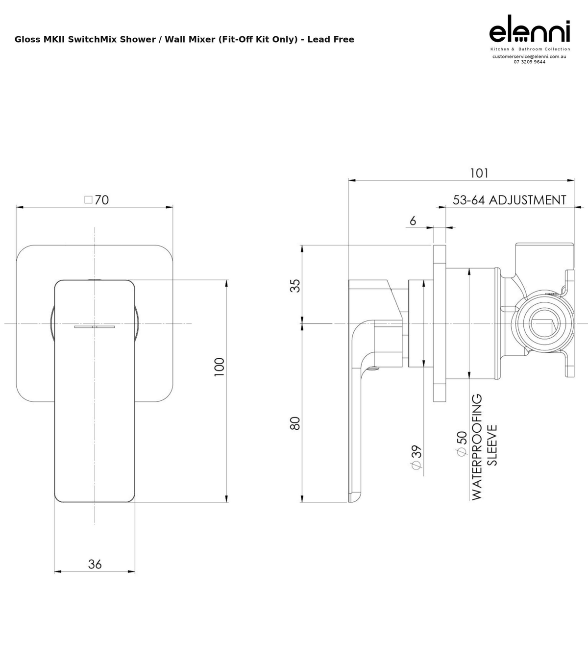 Elenni specification sheet - Gloss MKII SwitchMix Shower / Wall Mixer (Fit-Off Kit Only) - Lead Free