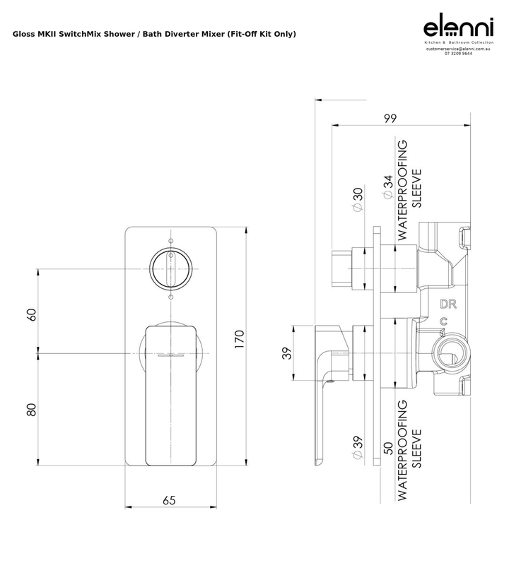 Elenni specification sheet - Gloss MKII SwitchMix Shower / Bath Diverter Mixer (Fit-Off Kit Only)