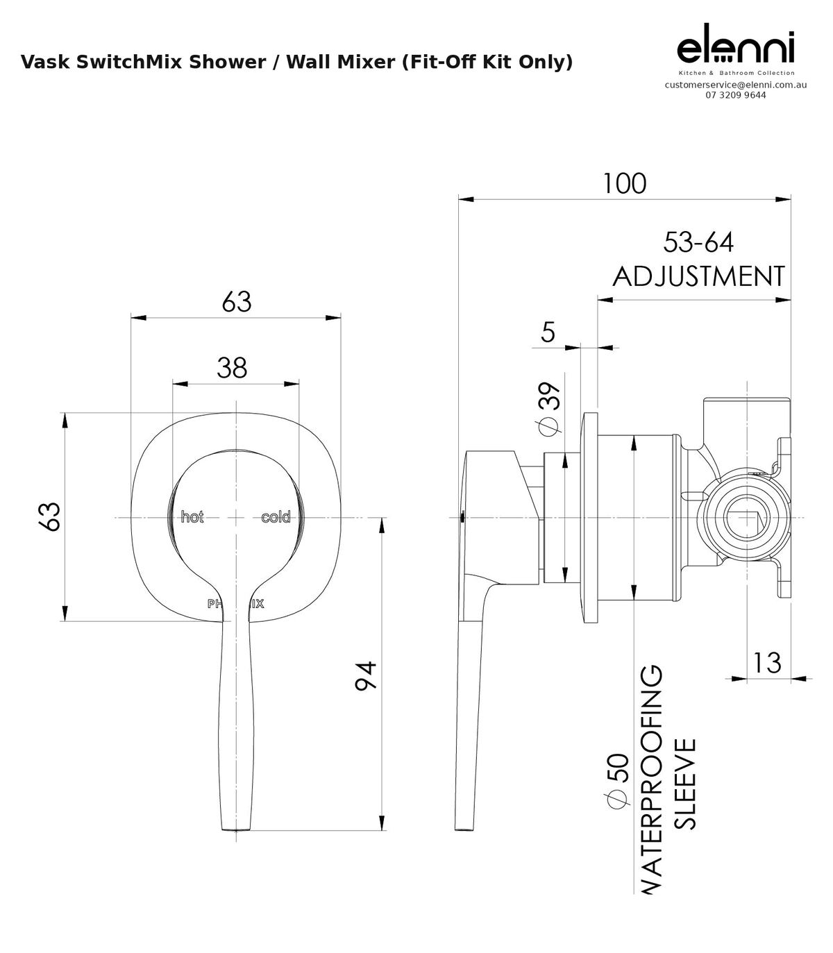 Elenni specification sheet - Vask SwitchMix Shower / Wall Mixer (Fit-Off Kit Only)