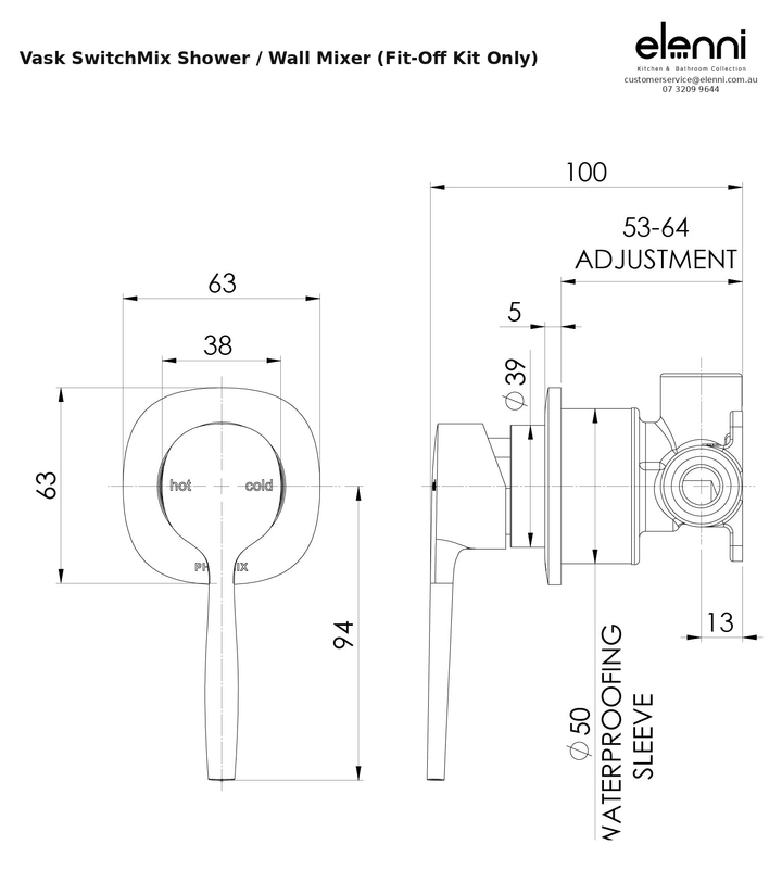 Elenni specification sheet - Vask SwitchMix Shower / Wall Mixer (Fit-Off Kit Only)