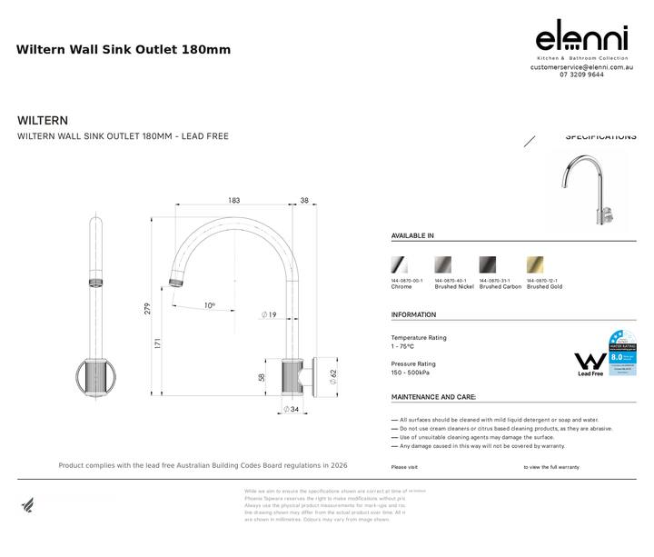 Wiltern Wall Sink Outlet 180mm — specification sheet (Elenni)