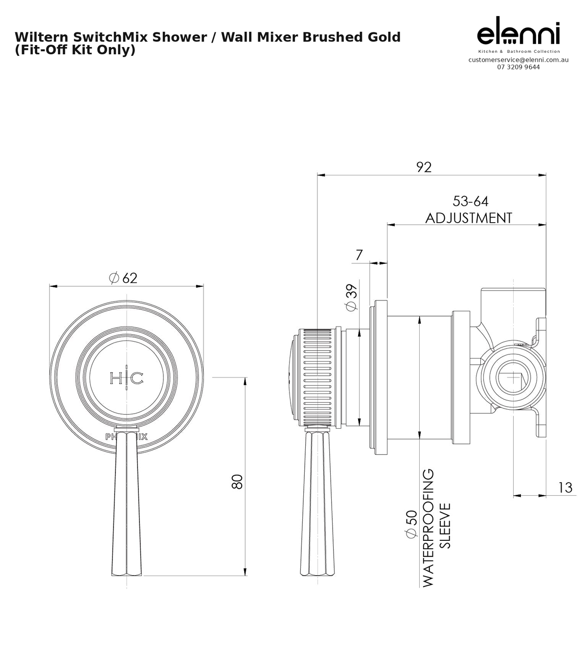 Elenni specification sheet - Wiltern SwitchMix Shower / Wall Mixer Brushed Gold (Fit-Off Kit Only)