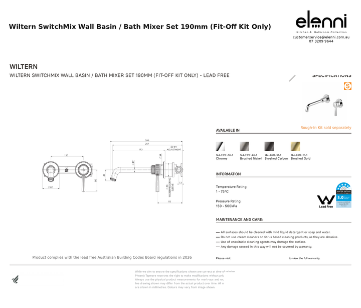 Wiltern SwitchMix Wall Basin / Bath Mixer Set 190mm (Fit-Off Kit Only) — specification sheet (Elenni)