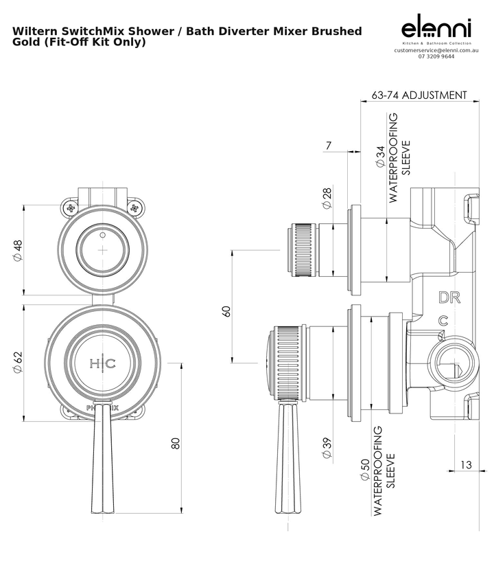 Elenni specification sheet - Wiltern SwitchMix Shower / Bath Diverter Mixer Brushed Gold (Fit-Off Kit Only)