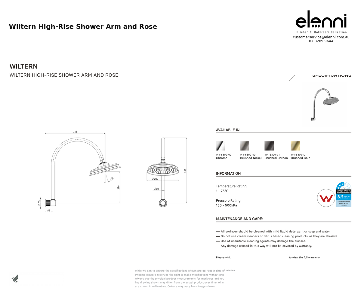 Wiltern High-Rise Shower Arm and Rose — specification sheet (Elenni)