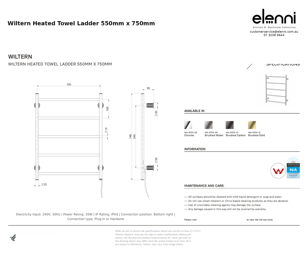 Wiltern Heated Towel Ladder 550mm x 750mm — specification sheet (Elenni)