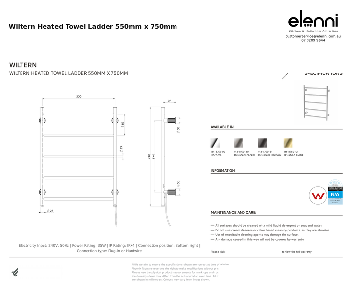 Wiltern Heated Towel Ladder 550mm x 750mm — specification sheet (Elenni)