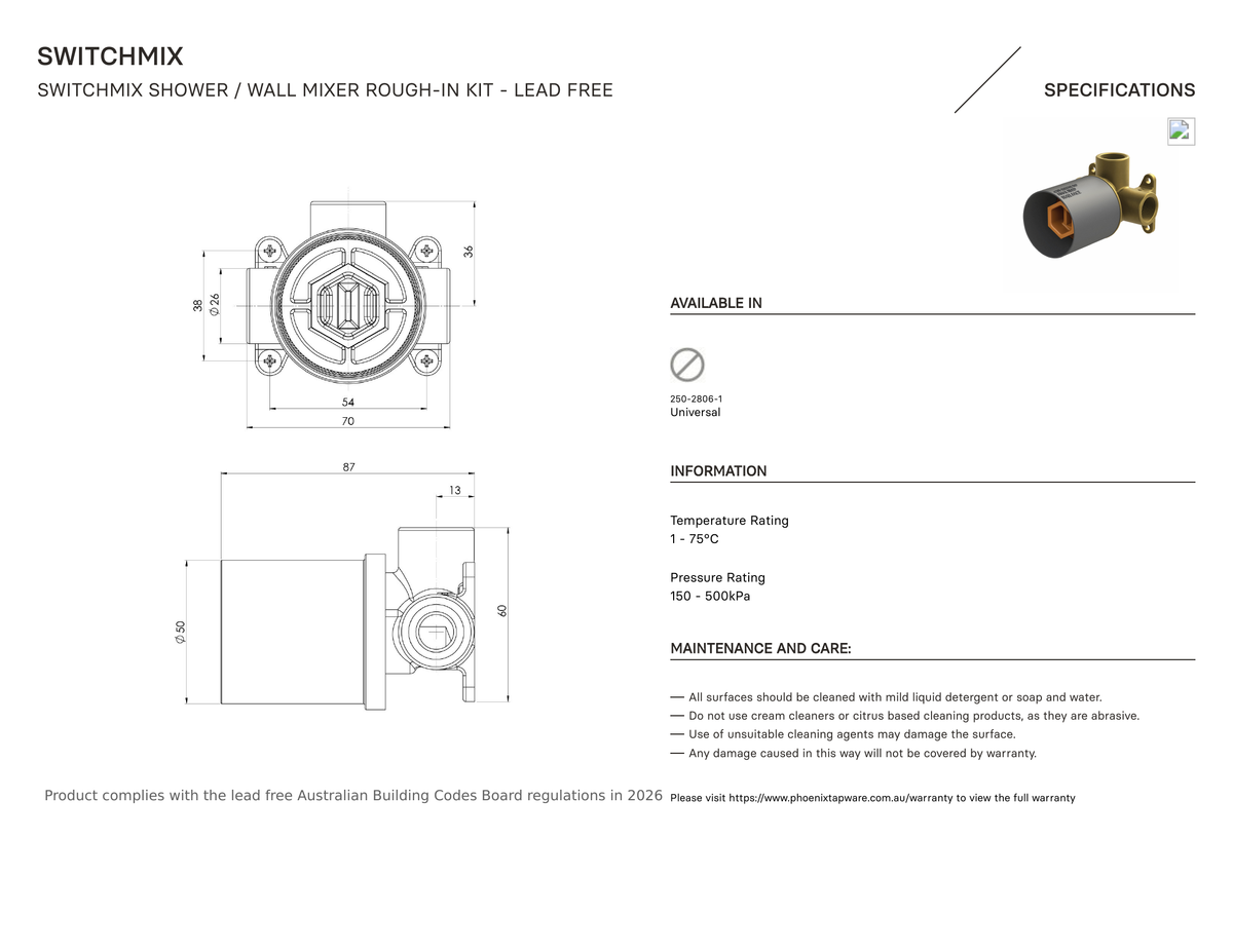 Specification diagram - SwitchMix Shower / Wall Mixer Rough-In Kit - Lead Free