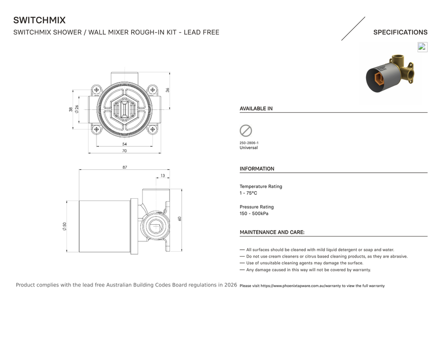 Specification diagram - SwitchMix Shower / Wall Mixer Rough-In Kit - Lead Free