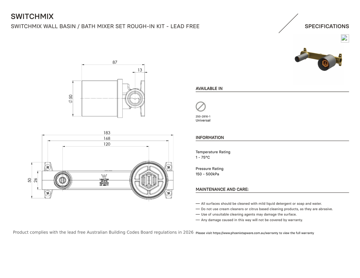 Specification diagram - SwitchMix Wall Basin / Bath Mixer Set Rough-In Kit - Lead Free