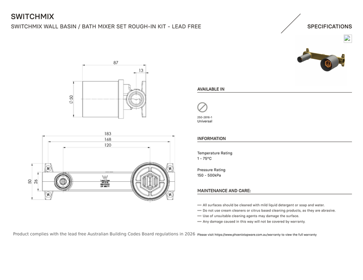 Specification diagram - SwitchMix Wall Basin / Bath Mixer Set Rough-In Kit - Lead Free