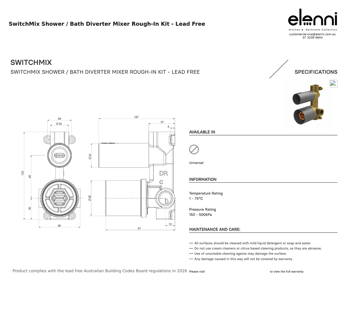 Elenni specification sheet - SwitchMix Shower / Bath Diverter Mixer Rough-In Kit - Lead Free