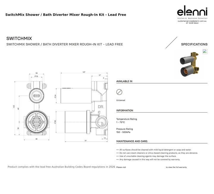 Elenni specification sheet - SwitchMix Shower / Bath Diverter Mixer Rough-In Kit - Lead Free