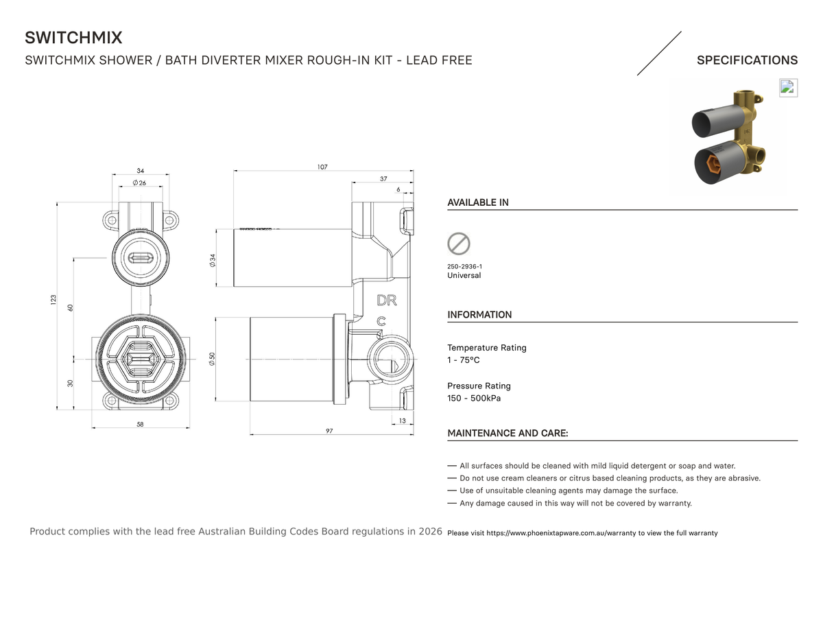 Specification diagram - SwitchMix Shower / Bath Diverter Mixer Rough-In Kit - Lead Free