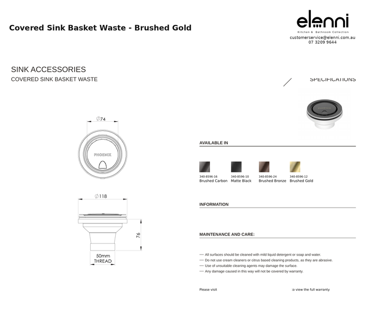 Covered Sink Basket Waste - Brushed Gold — specification sheet (Elenni)